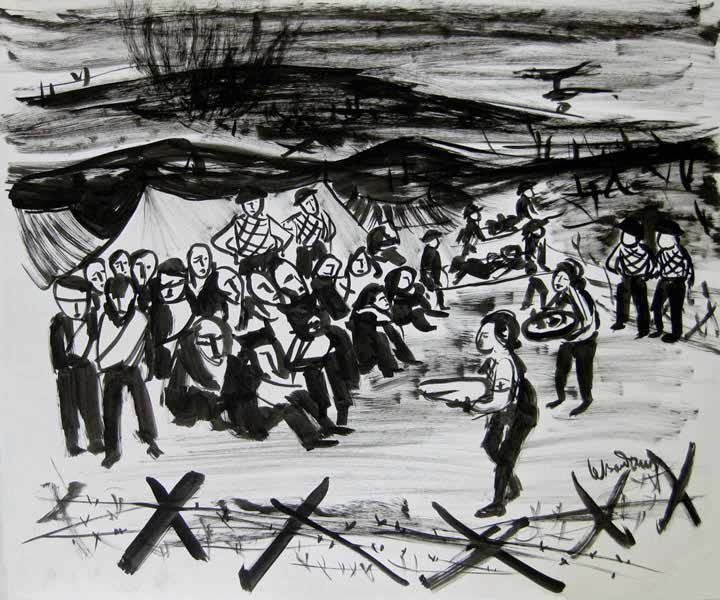 LEBADANG, "Bataille de Ðiện Biên Phủ", 1954. Encre de Chine sur papier, 50 x 65 cm, Fondation d’Art Lebadang, Huê, Vietnam.