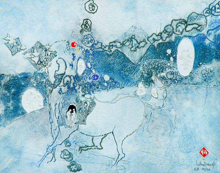 LEBADANG, "Cheval bleu ». Gravure, reliefs et acrylique sur papier, 60 x 80 cm, Fondation d’Art Lebadang, Huê, Vietnam.