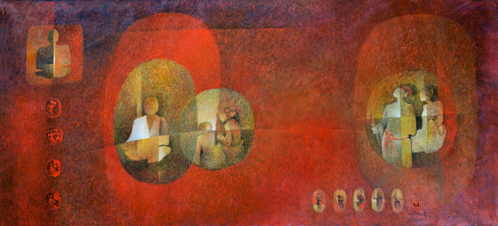 LEBADANG, "Cosmic Family", 2010. Oil on canvas,130 x 291 cm, private collection,  Hànôi, Vietnam.